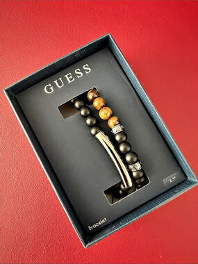Guess Men's Tiger's Eye and Black Bead Bracelet Set Black & Silver